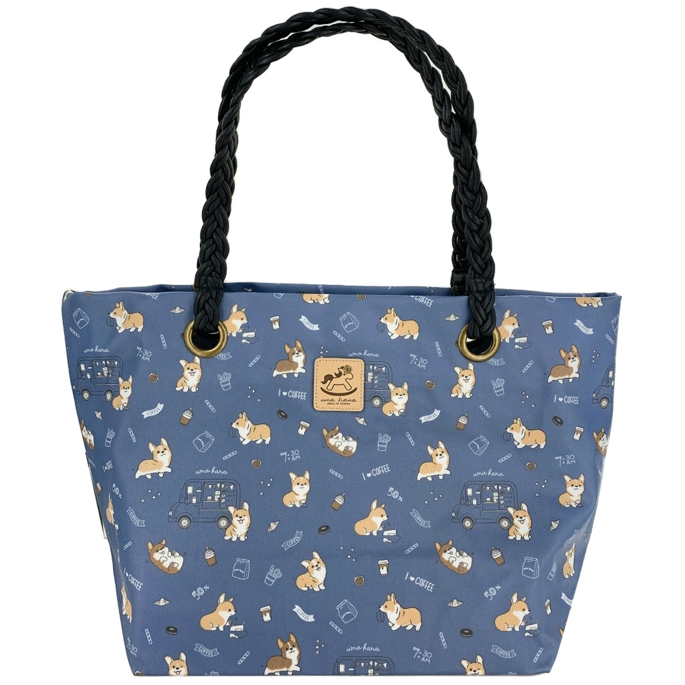 Waterproof Corgi & Coffee Woven Tote Shoulder Bag
